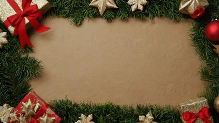 Christmas background with fir branches, gift boxes and decorations on old paperの写真素材
