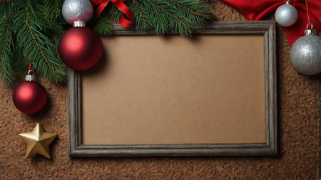 Christmas background with fir tree branches, red and silver baubles and wooden frame on cork boardの写真素材