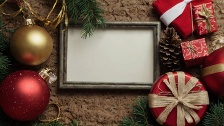 Christmas background with decoration and copy space for your text. Top view.