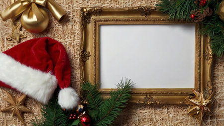 Christmas background with blank photo frame and santa claus hat.の写真素材