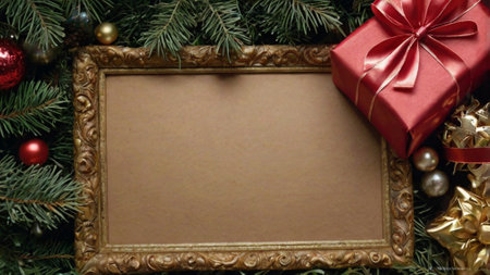 Christmas background with fir branches, red gift box and blank paper sheet.