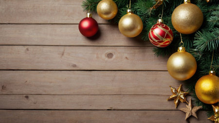 Christmas tree decoration on wooden background. Top view with copy space.の写真素材