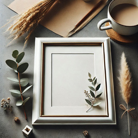 Creative flat lay photo frame mockup with eucalyptus branches, coffee cup, notebook and envelope on...