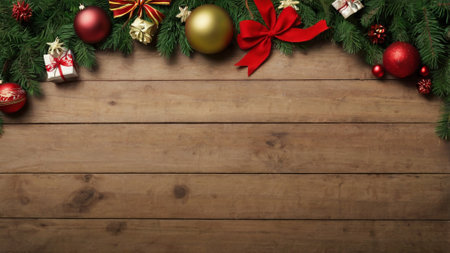 Christmas decoration on wooden background. Top view with copy space for your textの写真素材