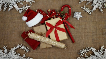 Christmas background with gifts, snowflakes and santa claus hatの写真素材