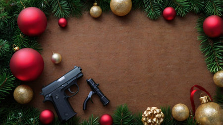Gun and christmas decoration on wooden background. Top view with copy space