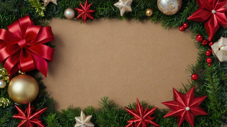 Christmas decoration with copy space on brown paper background. Top view.の写真素材