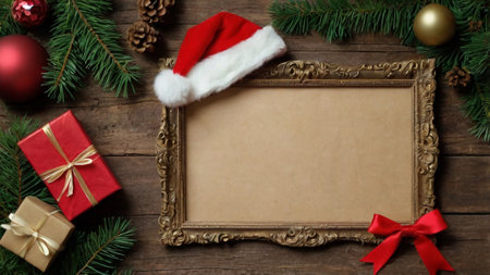 Christmas background with vintage photo frame, gift boxes and christmas tree branches on wooden boardの写真素材