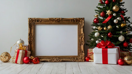 Christmas tree with gift boxes and photo frame on white wooden background.