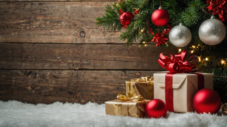 Christmas background. Festive decoration on wooden background. New Year.の写真素材