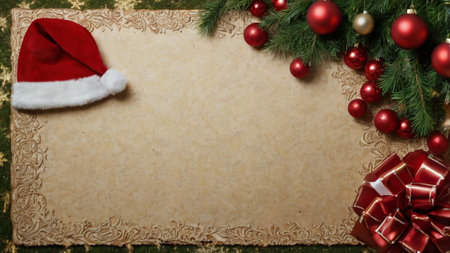 Christmas background with santa hat and christmas tree branch on old paperの写真素材