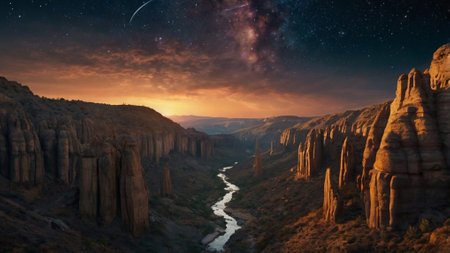 Fantasy landscape with a river and a starry sky. 3d renderingの写真素材