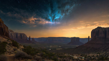 Milky Way over Monument Valley at sunrise, Arizona, United Statesの写真素材