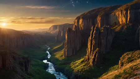 Panoramic view of the mountains and river at sunset. Beautiful summer landscape.の写真素材