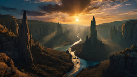 Fantasy landscape with a river and mountains. 3d render illustrationの写真素材