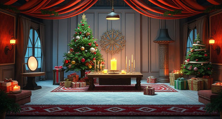 3d render of Christmas room with Christmas tree, presents and fireplaceの写真素材