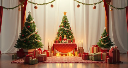 3d render of christmas tree with presents and candles in roomの写真素材