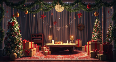 3d rendering of a living room with a Christmas tree, gifts and a fireplaceの写真素材