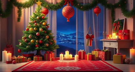 Christmas tree with gifts and candles in the room. 3d renderingの写真素材