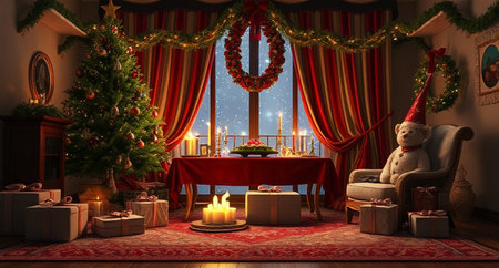 Christmas living room interior with Christmas tree, fireplace and gifts. 3D rendering.の写真素材