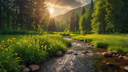 Beautiful summer landscape with mountain river and green meadow at sunset