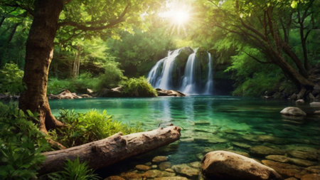 Waterfall in deep forest. Summer landscape with waterfall in deep forest.の写真素材
