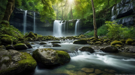 Beautiful waterfall in deep forest at summer. Beautiful waterfall in deep forest.の写真素材