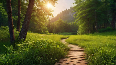 Wooden path in the green forest at sunset. Nature background.