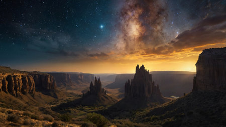 Fantasy alien planet. Mountain and milky way. 3D illustration