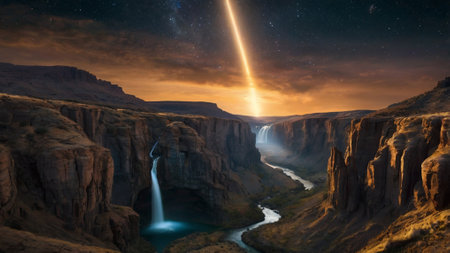 Fantasy alien planet. Mountain river and waterfall. 3D illustration
