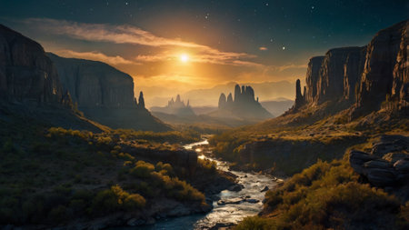 Panoramic view of the mountains and the river at sunrise. Monument Valley.の写真素材