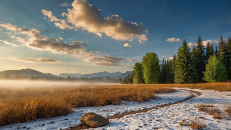 Panoramic view of misty meadow in the mountains.