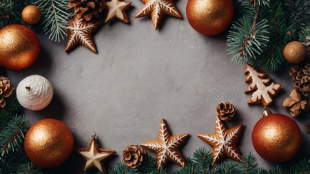 Christmas greeting card. Festive decoration on dark background. New Year concept. Copy space.  Flat lay. Top view.の写真素材