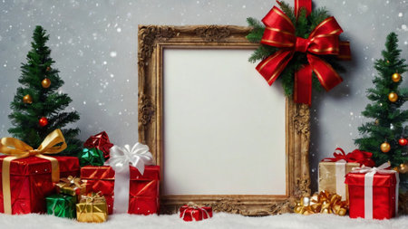 Christmas background with blank photo frame, gifts and christmas tree.
