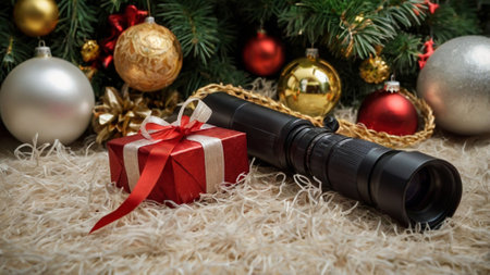 Black binoculars and gift box on the background of Christmas tree