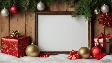 Christmas background with wooden frame, red gift box and christmas ballsの写真素材