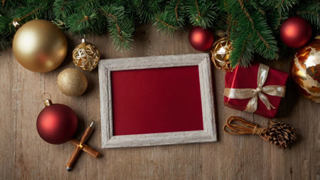 Christmas tree branches with decorations on wooden background. Top view with copy spaceの写真素材