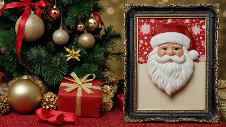 Christmas greeting card with Santa Claus and ornaments on red backgroundの写真素材