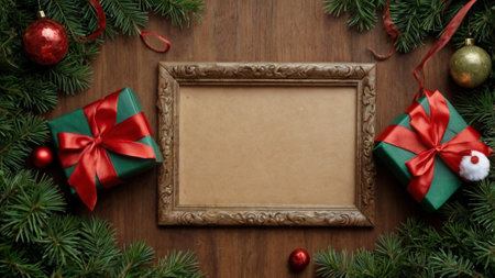 Christmas background with fir tree branches, red and green gift boxes and decorations on wooden...