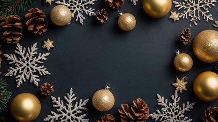 Christmas and New Year background with golden balls, snowflakes and pine cones on black background