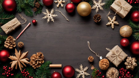 Christmas background with fir tree branches, red balls and decorations on black wooden table. Top...