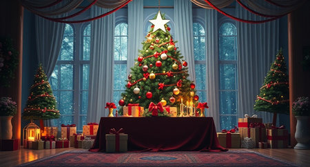 Christmas tree with gifts in the living room. 3d illustration.の写真素材
