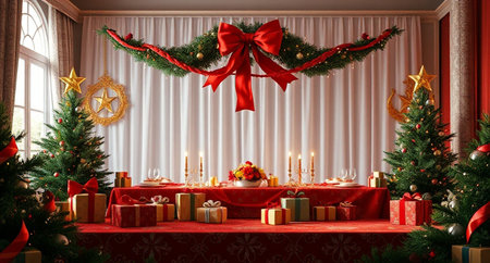 3d render of christmas table with red tablecloth, gifts and christmas treeの写真素材
