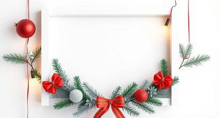 Christmas background with fir branches, red balls, garland and white frame on white background