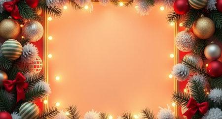 Christmas frame with fir tree branches, Christmas balls, snowflakes and garland lights on orange backgroundの写真素材