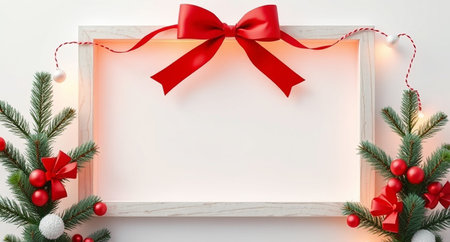 Christmas greeting card mockup with fir tree branches, red ribbon and gift box on white background