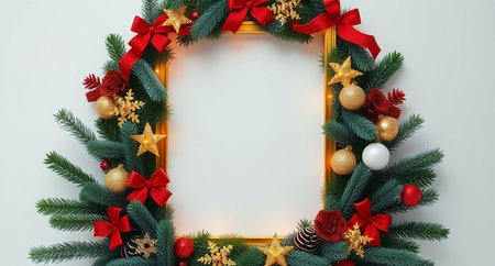 Christmas frame with fir tree branches and decoration on white background. Top view.