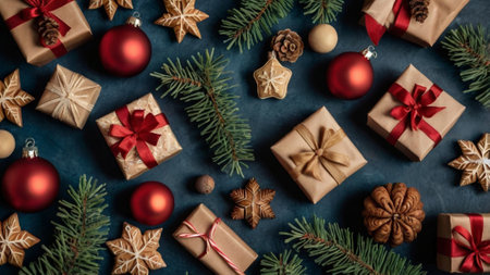 Christmas or New Year background. Gifts, pine cones, fir branches, red balls and gingerbread...