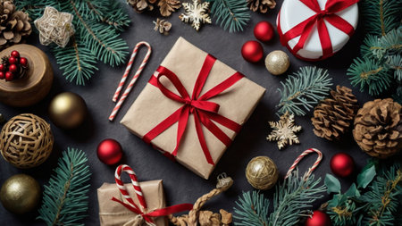 Christmas or New Year composition. Gifts, fir branches, Christmas decorations on black background....