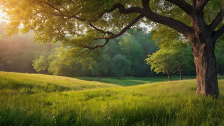 Beautiful summer landscape with green meadow and big old oak treeの写真素材